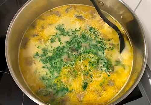Суп с курицей и грибами с вермишелью и сыром